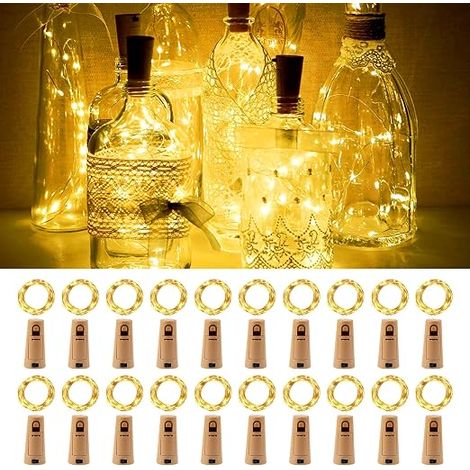 Luci a stringa fatate LED con tappo di sughero per bottiglie, 2 m, 20 LED, luci a stringa a batteria in filo di rame impermeabili, bianco caldo per Natale, matrimonio, festa e decorazione (1/5)