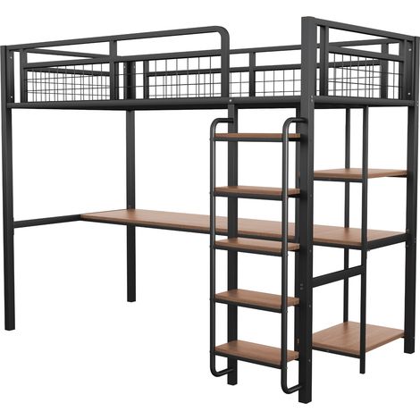 Letto a soppalco in metallo 90 x 200 cm nero con scala, scrivania e scaffali (1/5)