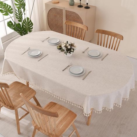 Nappe Ovale Anti Tache en Cotton Lin Beige, Nappe de Table Linge de Table Lavable avec Franges, Nappes pour Table à Manger Cuisine, 140 x 220 cm