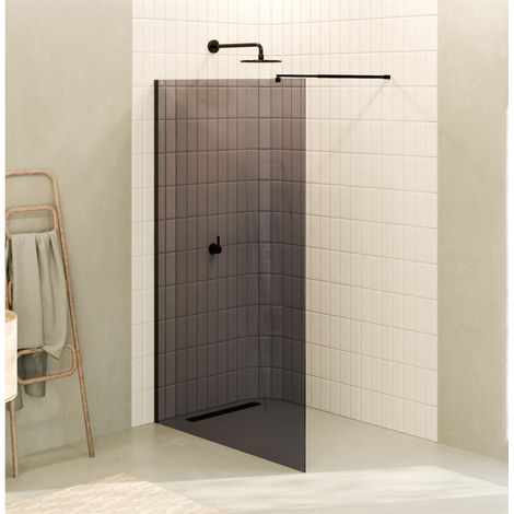 Mampara de ducha Walk-In FIONA 160 x 200 cm, panel fijo de cristal templado ahumado 10 mm, barra 22BM y perfil inox negro mate - MOG (1/5)