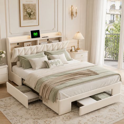 Lit 140x190 avec rangement, Lit double avec led, usb &type-c et 3 tiroirs, tête de lit rembourrée, cadre de lit robuste en bois, beige velours (1/5)