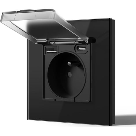 Prise Electrique avec USB et Type C Etanche, Prise Murale en Verre, 16 Amp 240V Alternatif, Commutateur avec couvercle étanche Convient pour la salle de bains, la cuisine, 86MM Noir (1/5)