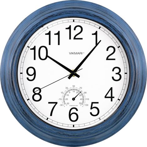 Horloge Murale Extérieure 30cm Étanche Indigo avec Thermomètre Horloge murale extérieure étanche 30cm. Silencieuse sans tic-tac et dotée d'un thermomètre central. Idéale pour le jardin. (1/5)
