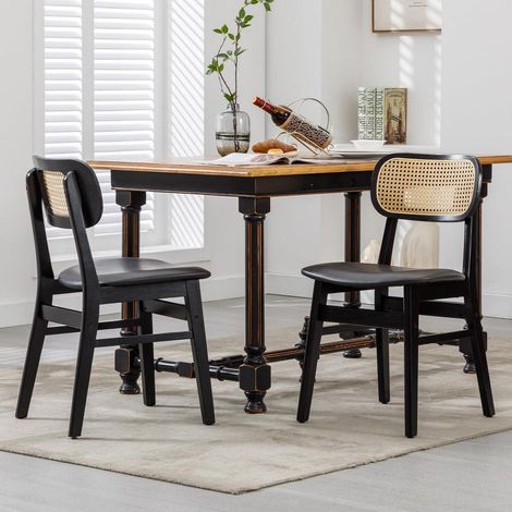Esszimmerstühle 2er Set Holz mit PU Leder Sitz und Rattan Rückenlehne, Schwarz (1/5)