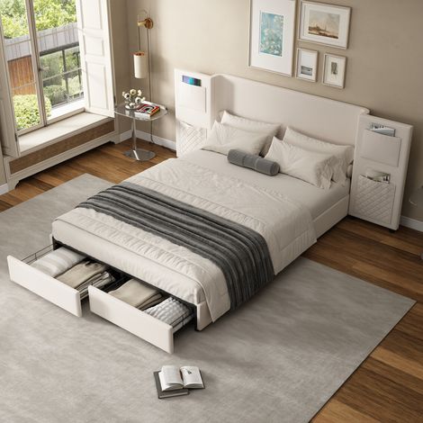 Upholstered bed, For adults and teenagers, 4ft6 double bed 135×190cm, Durable and Sturdy, Headboard with storage pockets, Two storage drawers on wheels, Iron bed legs, Velvet + Plywood, Beige