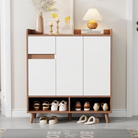 Meuble à chaussures avec étagères réglables, 99 x 90 x 35 cm, rangements multiples, pieds en bois massif, design moderne, Naturel (1/5)