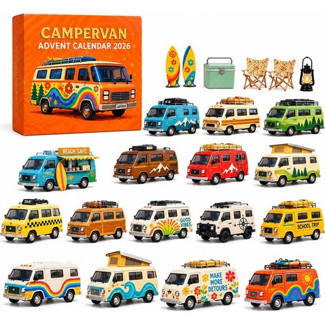 Calendrier de l'Avent de Noël, 24 mini voitures, camping-car hippie, boîte surprise 3D, PVC, 28 x 22 x 3,5 cm (1/5)