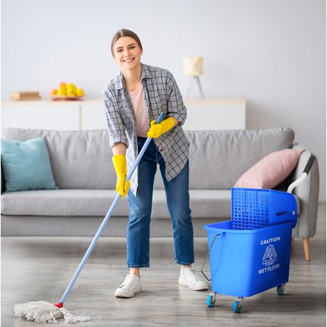 Chariot de nettoyage 20 L 60 × 27 × 70,5 cm plastique bleu avec essoreuse et 4 roues - CHICFURN (1/5)