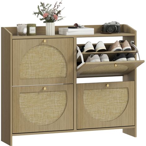 Zapatero estrecho con 4 puertas de ratán y estantes ajustables para 16 pares de zapatos, 104,5 x 24 x 88 cm, color natural (1/5)