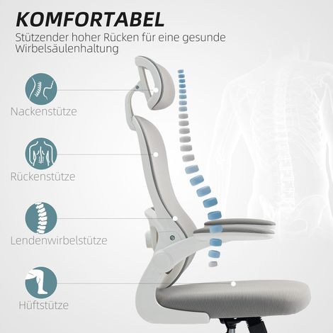 Fauteuil de bureau ergonomique à dossier en filet, réglable en hauteur, accoudoirs rabattables, 5 roulettes, fonction basculante, Gris (1/5)