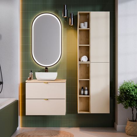 Conjunto mueble lavabo individual 60cm y columna Azel Cachemira y Madera (1/4)
