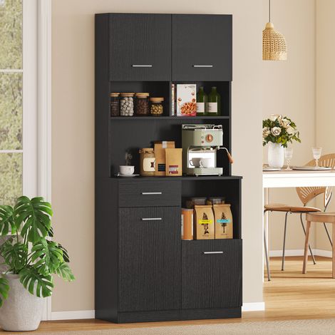 Buffet Haut Cuisine, Armoire 4 Portes Fermeture Douce, Tiroir, Étagères Réglables, Noir (1/5)