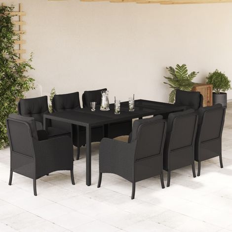 Ensemble repas jardin 9 pièces, 8 chaises en résine tressée noire avec coussins - PANGIVO (1/5)