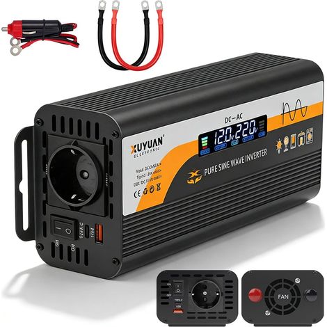Onduleur sinusoïdal pur 700 W/1400 W 12 V et 24 V vers 220 V - Affichage écran LCD - Convertisseur de tension avec 1 prise UE et 1 port de type C et USB - Port USB 5 V/3 A - Pour camions (1/5)