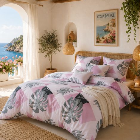 Parure de lit 3 pièces à motif géométrique de feuilles tropicales roses 100 % satin de coton Housse de couette réversible 200 x 220 cm 2 taies d'oreiller 70 x 80 cm Tissu doux et respirant à impri (1/5)