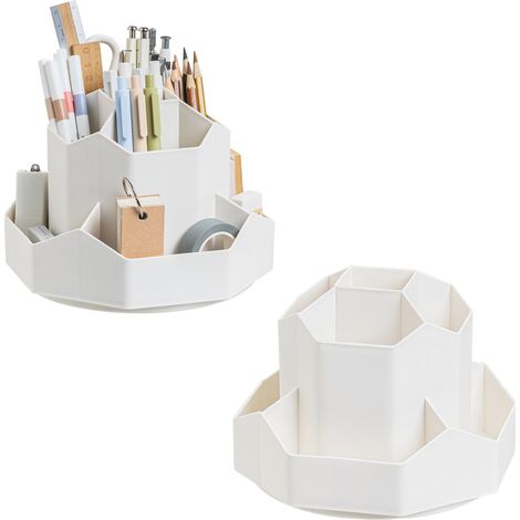 Pot a Crayon Bureau avec 9 Compartiments,Organisateur de bureau rotatif blanc,Porte-stylo de bureau rotatif de grande capacité avec 9 compartiments,Rotatif Pot a Crayon (1/5)