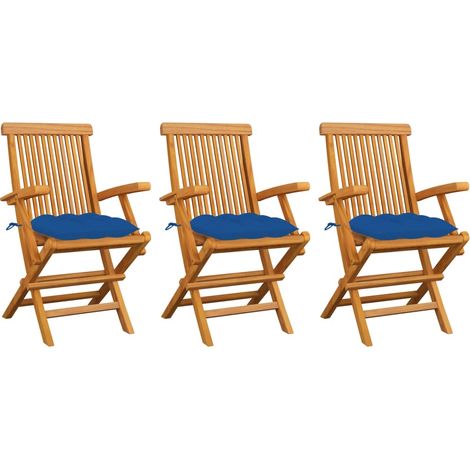 Lot de 3 Chaises de jardin avec coussins bleu - Chaise d'extérieur pour terrasse/jardin Bois de teck massif BV926779 - BonneVie (1/5)