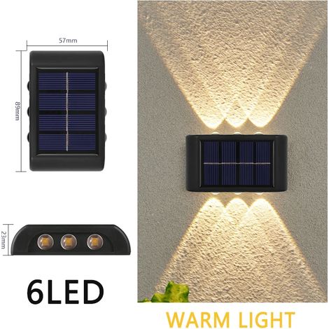Lampe solaire d'extérieur (6 LED blanc chaud) 4 LED, 6 LED, 8 LED, lumière chaude, étanche, applique murale, éclairage vers le haut et vers le bas, décoration de jardin. (1/5)