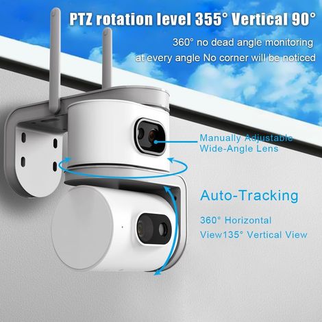 JSSEVN - Cámara de vigilancia 4G de 360°, doble lente HD de 4 MP, visión nocturna a color, resistente al agua y al polvo con certificación IP66, seguimiento automático PTZ de 355°/90° mediante IA. (1/5)