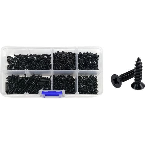 Juego de tornillos para madera, acero de bajo carbono, autorroscantes, juego E 1100 piezas (1/2)