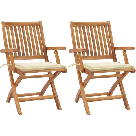 2 pcs Chaises de jardin, Chaises de terrasse, Fauteuils de Relaxationn avec coussins crème Bois de teck massif BGT64671 (1/5)