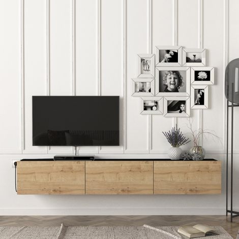 Mobile TV da Parete Vihti con 3 Ante a Ribalta Armadietto Pensile - Nero / Effetto Rovere [en.casa] (1/5)