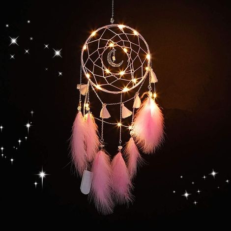 Attrape-rêves à lumière LED, attrape-rêves en plumes faits à la main, décorations de chambre de filles romantiques, pour décoration murale (rose) (1/5)