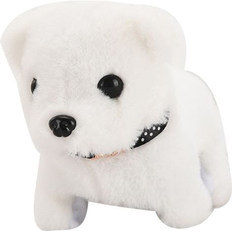 Chiot en peluche électrique simulant un Bichon Frisé, fonctionnant sur piles, qui marche, remue la queue et aboie (17 x 10,5 x 13,5 cm) (1/5)