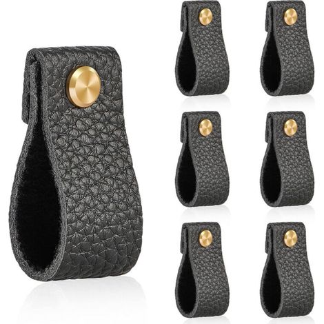 Poignées de porte en cuir noir – Lot de 6, 18 x 2,5 cm – Poignées élégantes pour placards, tiroirs et portes (1/5)