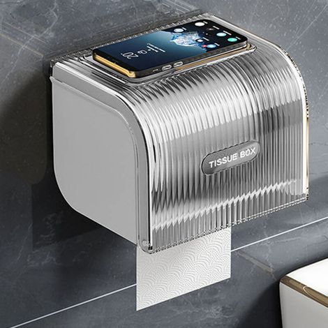 Porte-papier toilette mural adhésif avec étagère, étanche IPX4, distributeur de papier toilette pour salle de bain, blanc et noir transparent (1/5)