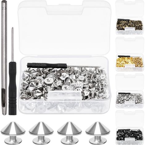 102Pcs argent couleur Spikes cône et Kit de goujons avec perforateur et tournevis, retour cuir Craft rapide Rivet vis, Spikes Bullet Cone Spikes vis pour cuir Craft (1/5)