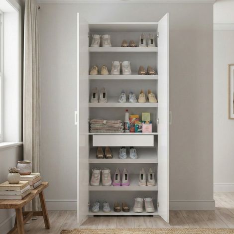 Dmora Armario multiusos Ginestra, Armario lineal con 2 puertas batientes, armario de 6 estantes, zapatero moderno, 100% Made in Italy, Cm 72x37h195, Blanco, con embalaje reforzado (1/5)