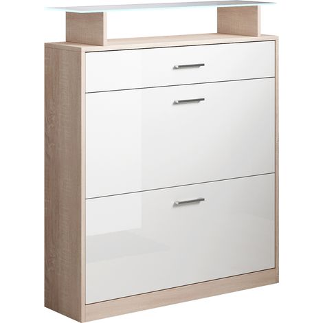 Muebles Bonitos – Meuble à chaussures avec LED – 105x89x24cm – 2 portes battantes et 1 tiroir – Structure en mélamine mate et brillante – Éclairage LED intégré