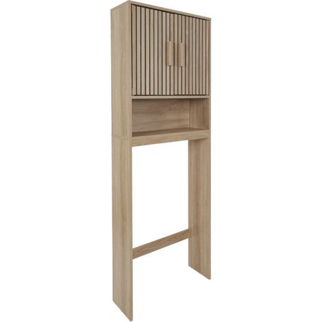 Paris Prix – Meuble pour WC marron 166cm – Dimensions L. 60 x l. 20 x H. 166 cm – 50% panneaux de particules, 30% MDF, 20% papier – Avec étagères et 2 portes (1/5)
