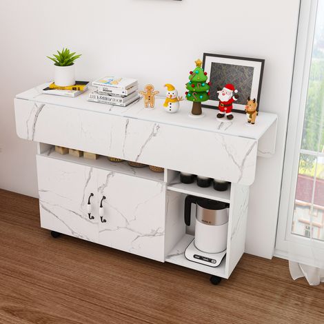 Table pliante mobile 110x70x80cm, 5 étagères, 5 roulettes (4 freinables), gain de place, effet marbre blanc, pour cuisine ou bureau (1/5)