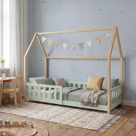 Hausbett Hesel mit Rausfallschutz 90x200 cm Mintgrün/Natur [en.casa] (1/5)