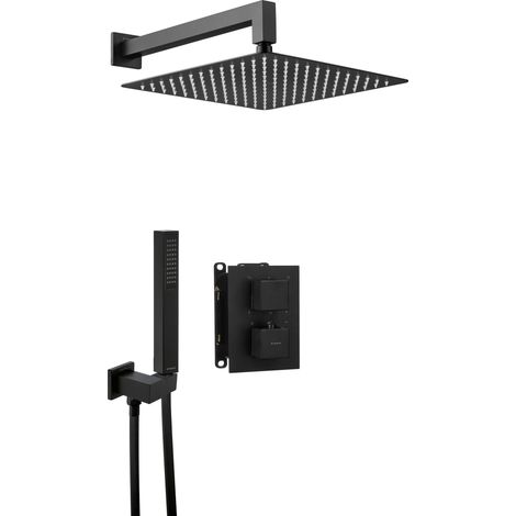 Ensemble de douche encastrée avec boîtier thermostatique en acier noir finition carrée - Harty