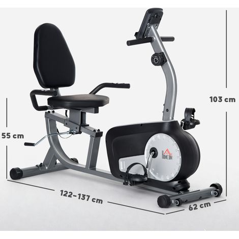 Vélo d'exercice horizontal semi-allongé avec 8 niveaux de résistance, écran LCD et siège réglable. Dimensions : 122-137 x 62 x 103 cm. (1/5)