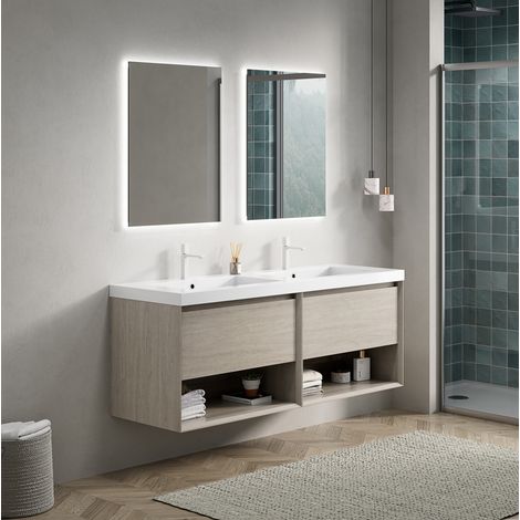 Wandwaschtisch 140 cm, integriertes Rechteckbecken, Soft-Close, Mehrschichtplatten, Eichenoptik, Weiß (1/5)