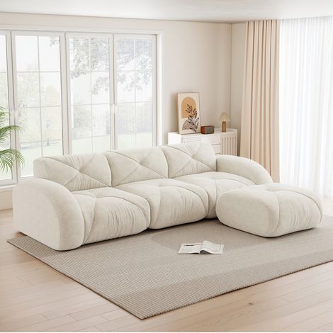 Sofá de esquina modular de 3 plazas con reposapiés, sin montaje, chenilla beige claro HAVRYA (1/5)