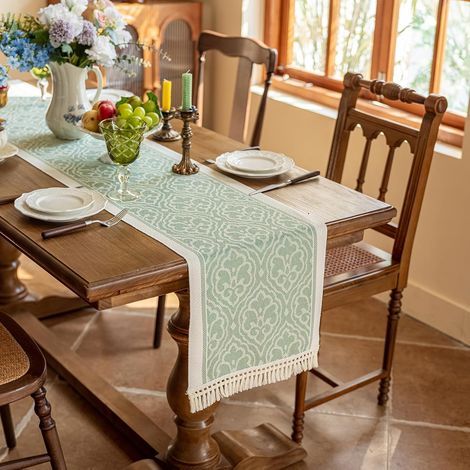 Ciel-Chemin de table imperméable de 35x180 cm de long, style bohème, avec franges à pompons, idéal pour une table basse de fête (Vert) (1/5)