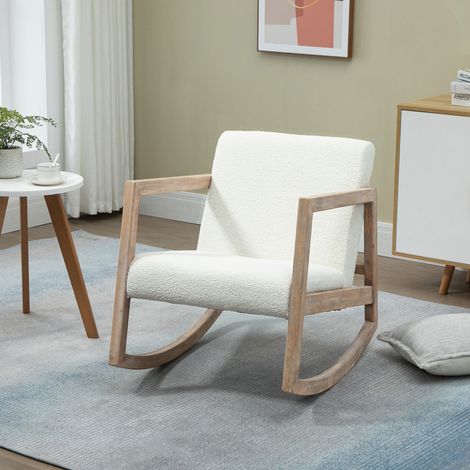 Schaukelstuhl/Stillstuhl aus Bouclé-Wollimitat mit Beinen aus massivem Gummibaumholz, Schaukelstuhl für Schlaf- und Wohnzimmer – 60 x 81 x 71 cm, cremeweiß