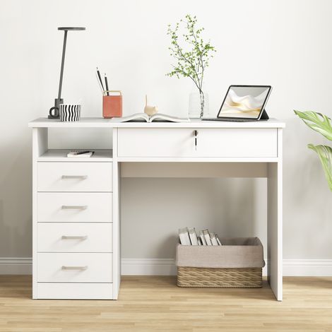 Bureau blanc en bois avec tiroirs verrouillables (2 pièces) et clés, dimensions 110x50x76 cm, idéal pour chambre ou espace de travail. (1/5)