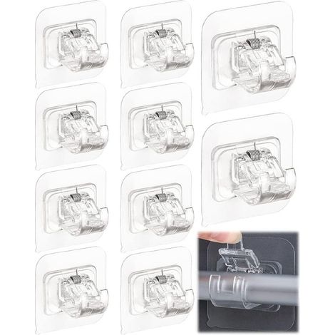Crochets de tringle à rideaux autocollants (transparents, paquet de 10), réglables, aucun perçage requis, adaptés à la salle de bain et à la cuisine. (1/5)