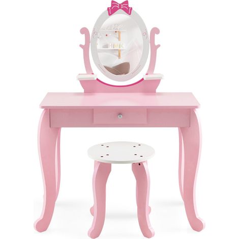 Toeletta per bambini 70 x 34 x 101 cm con specchio girevole a 360° e ampio spazio di archiviazione stile moderno in MDF rosa 200021150