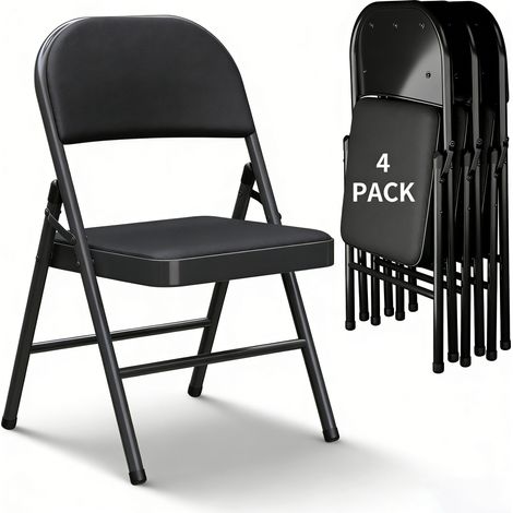 Set of 4 Portable Indoor Folding Chairs Faux Leather Dining Chairs with Metal Frame and Padded Seat Suitable for Home Office Reception Areas Guest Seating and Large Events Max. 145kg Black