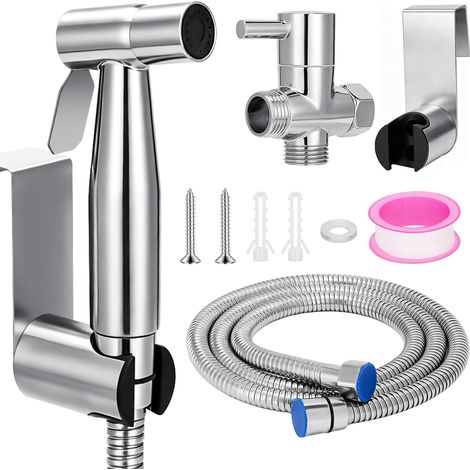 Douchette WC Kit Complet, Kit Bidet Toilette WC, Pulvérisateur en Acier Inox 304 pour l'Hygiène Personnelle Quotidienne avec Tuyau, Valve d'Arrêt et Support Mural, Adaptateurs G1/2 (1/5)