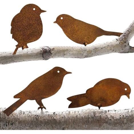 QORVA-Décoration de jardin : bouchons rouillés, 4 oiseaux en métal avec vis, silhouettes d'oiseaux pour le jardin, décoration de jardin en métal à effet rouillé, ornement de jardin