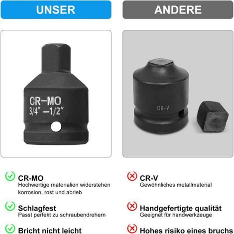 Adaptateur Douille Impact - 3/4 Pouces Femelle vers 1/2 Pouces Mâle - Acier Cr-Mo - Pour Perceuse à Percussion Clé Dynamométrique Cliquet (1/5)