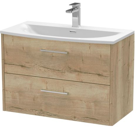 Winshill Contemporary 2 Drawer Wall Hung Vanity Unit with Curved Basin, Light Oak, 800mm